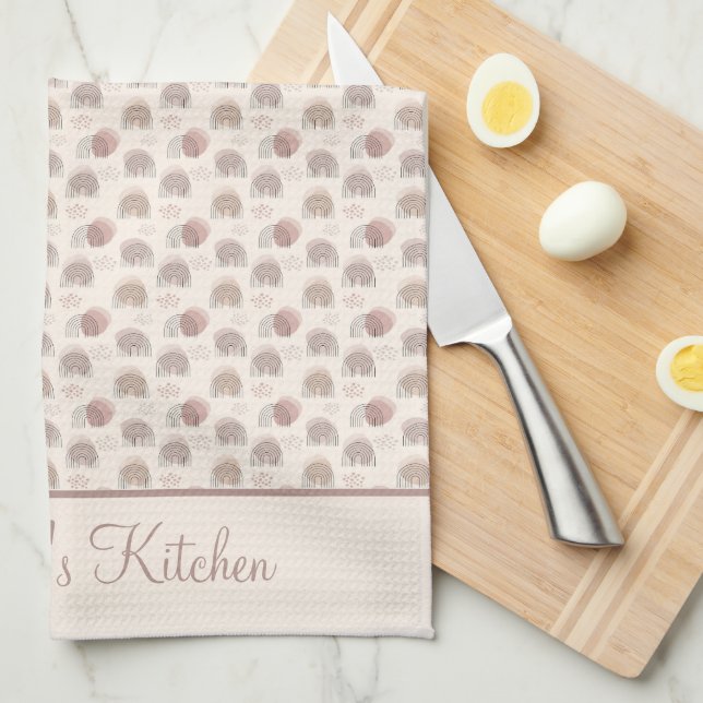 Monogram Boho Rainbow Abstrakt Beige Creme Pink Geschirrtuch (Viertel Falte)