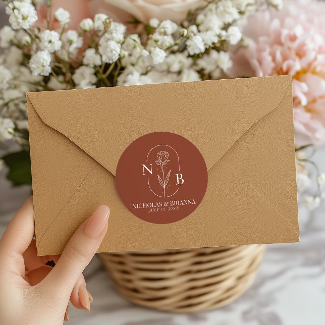 Monogram Boho Terracotta Burnt Orange Wedding Runder Aufkleber (Von Creator hochgeladen)
