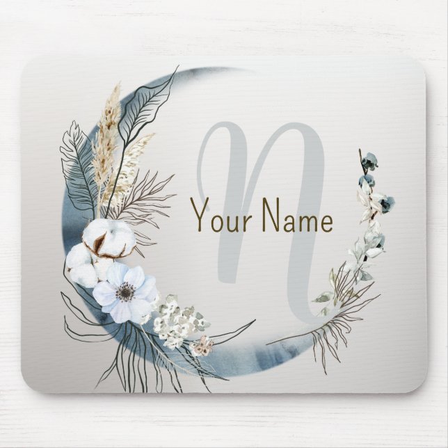 Monogram Boho White Orchid Blume Blue Moon Mousepad (Vorne)