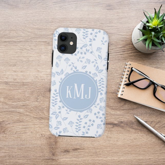 Monogram Botanical Blue Simple Floral Pattern Case-Mate iPhone Hülle (Von Creator hochgeladen)
