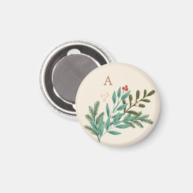 Monogram Botanical Cream Classic Christmas Holiday Magnet (Vorderseite/Rückseite)