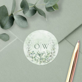 Monogram Botanical Eukalyptus Wedding Runder Aufkleber