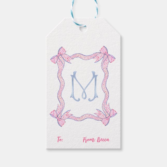 Monogram Bow Pink Blue Gift Tag, Personalisiert Geschenkanhänger (Vorderseite)