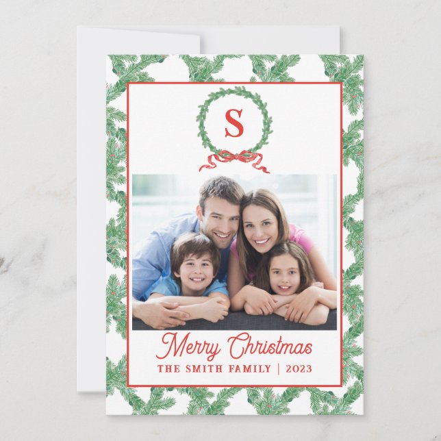 Monogram Bow Wreath Christmas Card Einladung (Vorderseite)