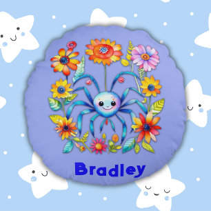 Monogram Boy Name - Niedliche Spinne in blau   Rundes Kissen