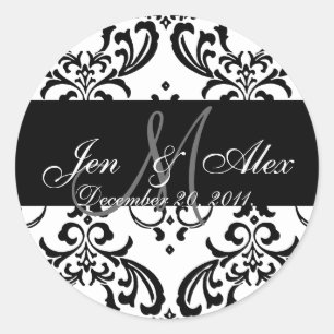 Monogram Bride Groom Damask Hochzeitskleber Runder Aufkleber