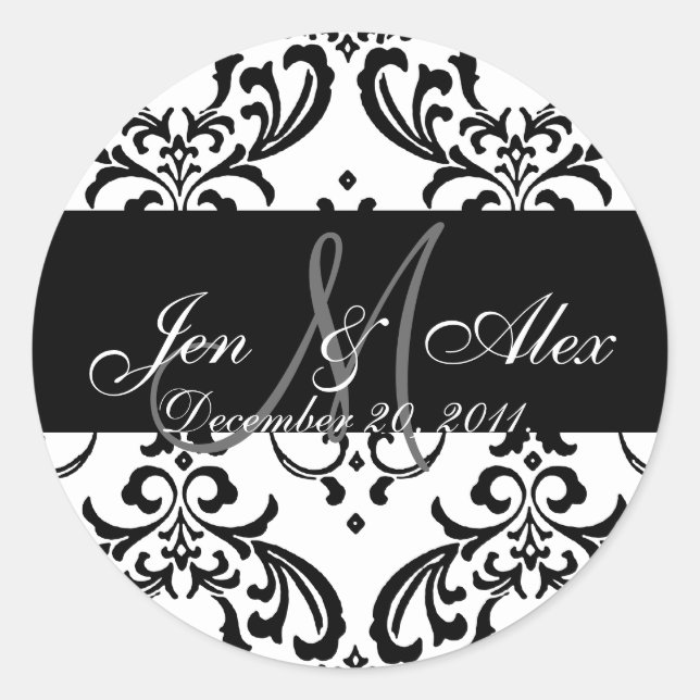 Monogram Bride Groom Damask Hochzeitskleber Runder Aufkleber (Vorderseite)