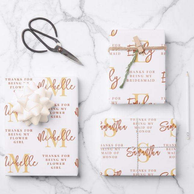 Monogram Bridesmaid Flower Girl Maid Honorar Danke Geschenkpapier Set (Vorderseite)