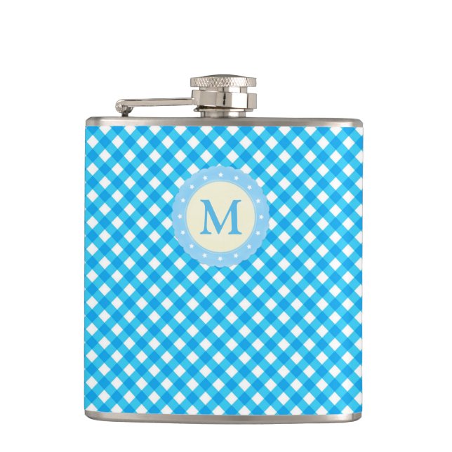 Monogram Bright Blue Gingham Pattern Flachmann (Vorderseite)