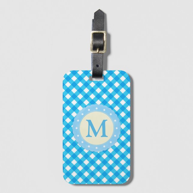 Monogram Bright Blue Gingham Pattern Gepäckanhänger (Vorderseite Vertikal)