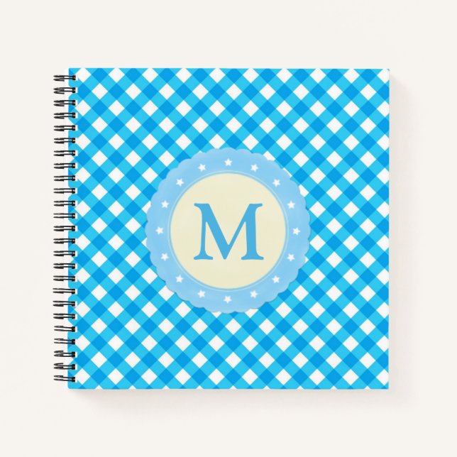 Monogram Bright Blue Gingham Pattern Notizbuch (Vorderseite)