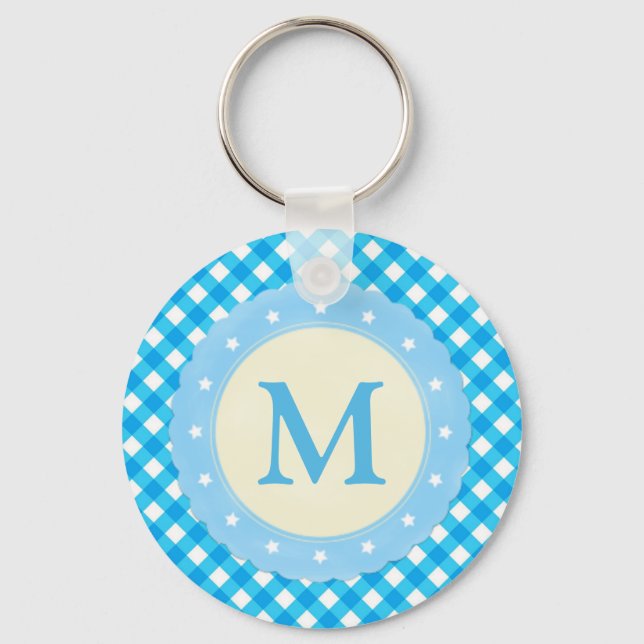 Monogram Bright Blue Gingham Pattern Schlüsselanhänger (Vorderseite)