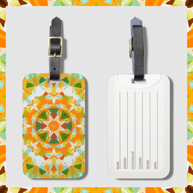 Monogram Bright Orange Green Magic Star Girl Gepäckanhänger (Custom Monogram Bright Orange & Green Star Luggage Tag. Front and Back View.)