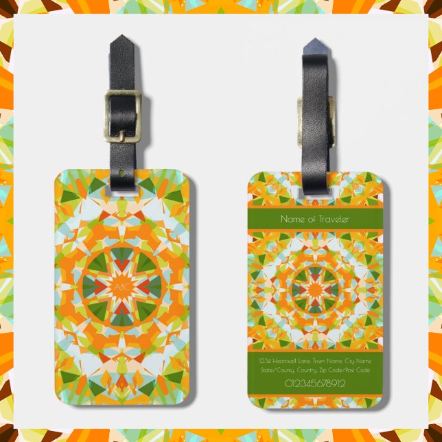 Monogram Bright Orange Green Magic Star Girl Gepäckanhänger (Custom Text Bright Orange & Green Star Monogrammed Luggage Tag. Front and Back View.)