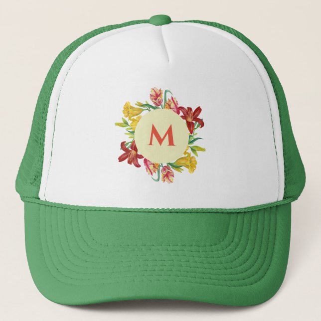 Monogram Bright Spring Flowers Illustration Truckerkappe (Vorderseite)