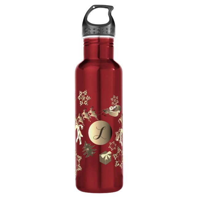 Monogram Bronze-like Santa's Rentier & Snowflakes Edelstahlflasche (Vorderseite)