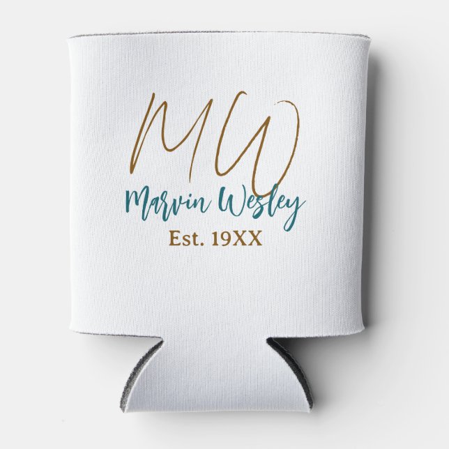 Monogram brown blue turquoise est.year simple mini dosenkühler (Vorderseite)