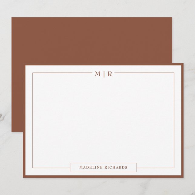 Monogram Brown Border Stationery Mitteilungskarte (Vorne/Hinten)