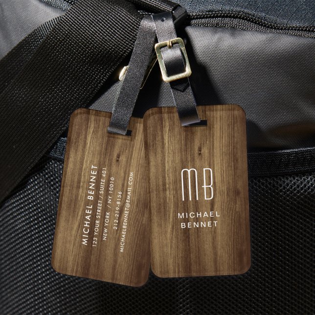 Monogram Brown Imitats Wood Texture Gepäckanhänger (Monogram Brown Faux Wood Texture Luggage Tag)