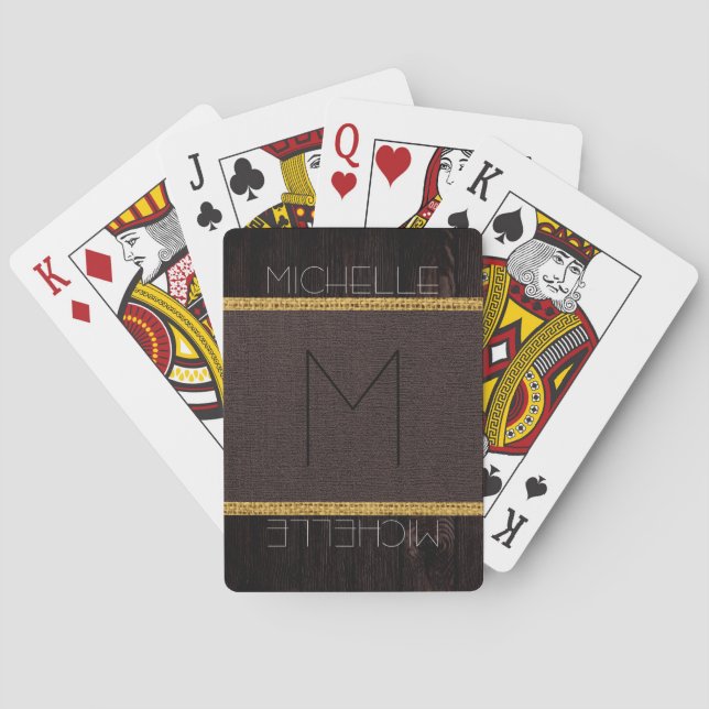 Monogram Brown Rustic Burlap Wood Look Spielkarten (Rückseite)