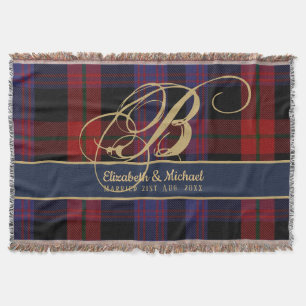 Monogram BROWN Tartan Blue Red Newlyweds Wedding Decke