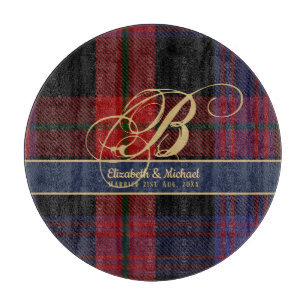 Monogram BROWN Tartan Blue Red Newlyweds Wedding Schneidebrett