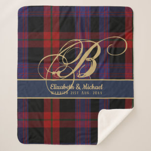 Monogram BROWN Tartan Blue Red Newlyweds Wedding Sherpadecke