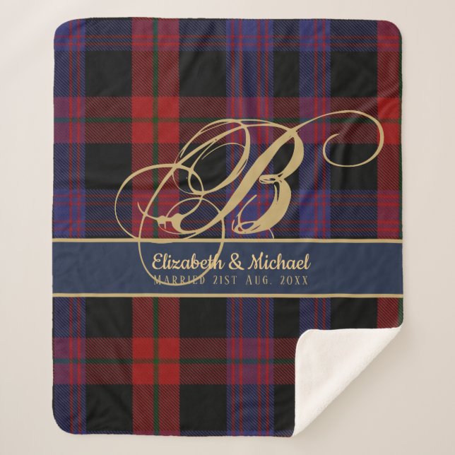 Monogram BROWN Tartan Blue Red Newlyweds Wedding Sherpadecke (Vorderseite)