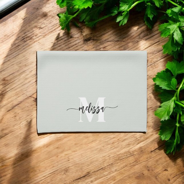 Monogram Brush Calligraphy Sage Green Geschirrtuch (Von Creator hochgeladen)