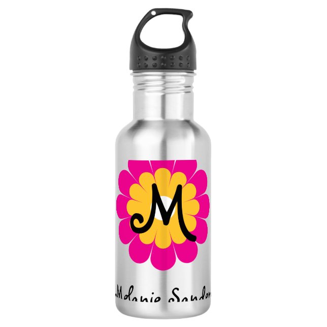 Monogram-Buchstabenname Mod Rosa-gelbe Blume Trinkflasche (Vorderseite)