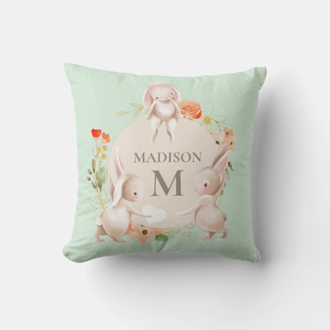 Monogram Bunny Rabbits Floral Baby Personalisiert Kissen (Vorderseite)