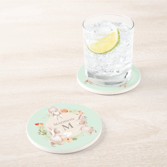 Monogram Bunny Rabbits Floral Girl Personalisiert Getränkeuntersetzer (Seite)