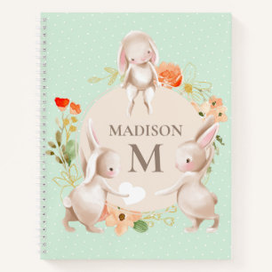 Monogram Bunny Rabbits Floral Girl Personalisiert Notizbuch