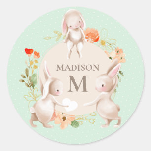 Monogram Bunny Rabbits Floral Girl Personalisiert Runder Aufkleber
