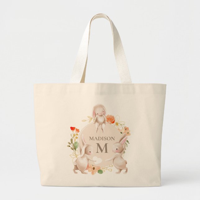 Monogram Bunny Rabbits Floral Oaster Personalisier Jumbo Stoffbeutel (Vorne)