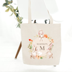 Monogram Bunny Rabbits Floral Oaster Personalisier Tragetasche