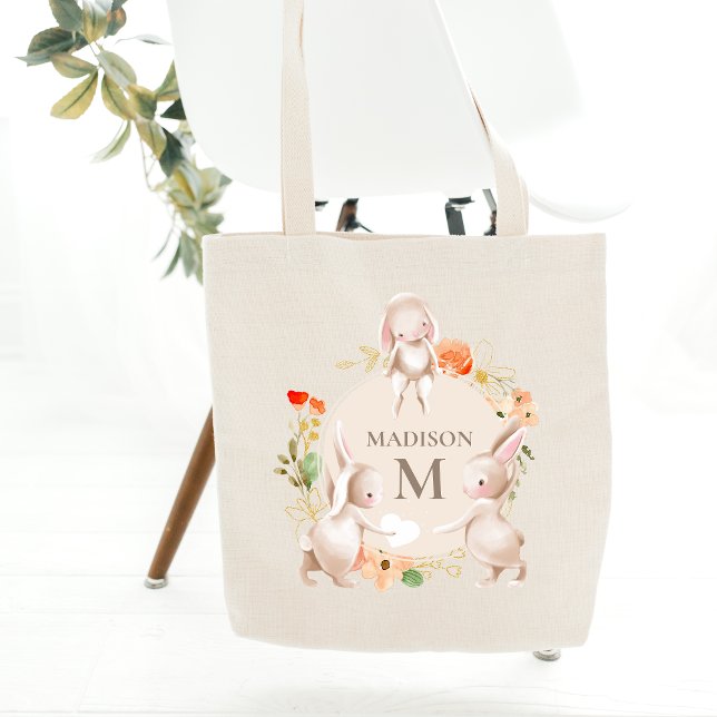 Monogram Bunny Rabbits Floral Oaster Personalisier Tragetasche (Von Creator hochgeladen)