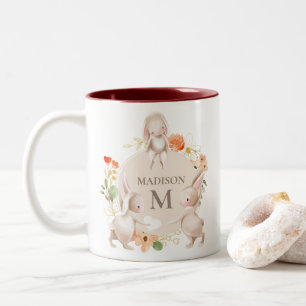 Monogram Bunny Rabbits Floral Oaster Personalisier Zweifarbige Tasse