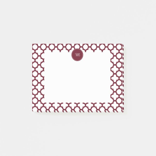 Monogram Burgundy and White Quatrefoil Pattern Post-it Klebezettel (Vorderseite)
