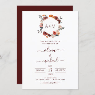 Monogram Burgundy Blumengrün Wedding Invitati Einladung