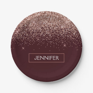 Monogram Burgundy Blush Pink Rose Gold Glitzer Pappteller