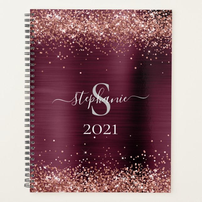 Monogram Burgundy Brown Imitats-Glitzer Girly Glam Planer (Vorderseite)