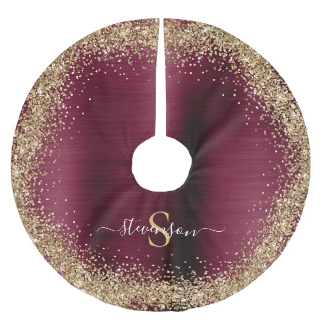 Monogram Burgundy Gold Glitzer Girly Glam Polyester Weihnachtsbaumdecke (Vorderseite)
