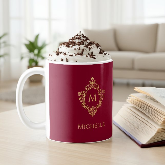 Monogram Burgundy Gold Vintager Name des Verzierte Kaffeetasse (Von Creator hochgeladen)