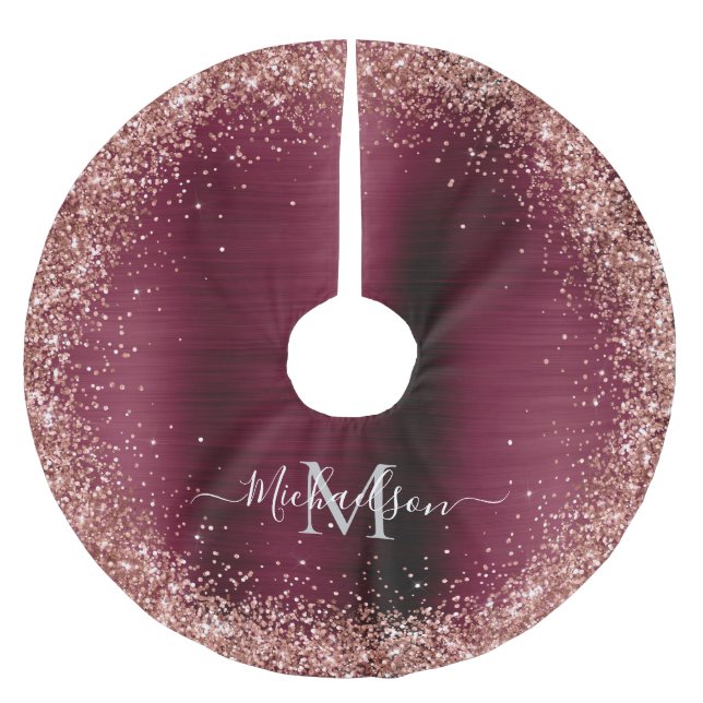 Monogram Burgundy Rose Gold Imitats-Glitzer Girly Polyester Weihnachtsbaumdecke (Vorderseite)