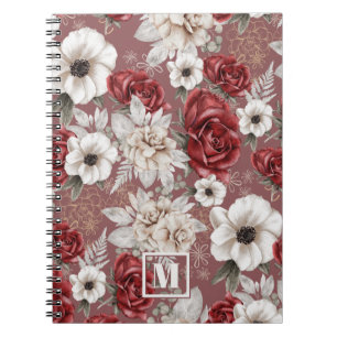 Monogram Burgundy Rose Rosa Blumenmuster Notizblock