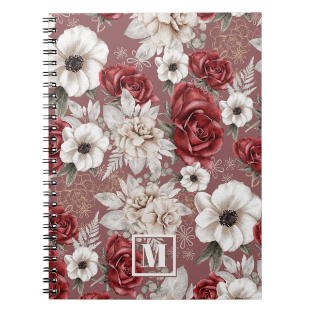 Monogram Burgundy Rose Rosa Blumenmuster Notizblock (Vorderseite)