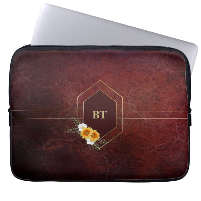 Monogram Burgundy Stone Gold Geometric Floral Laptopschutzhülle (Vorderseite)