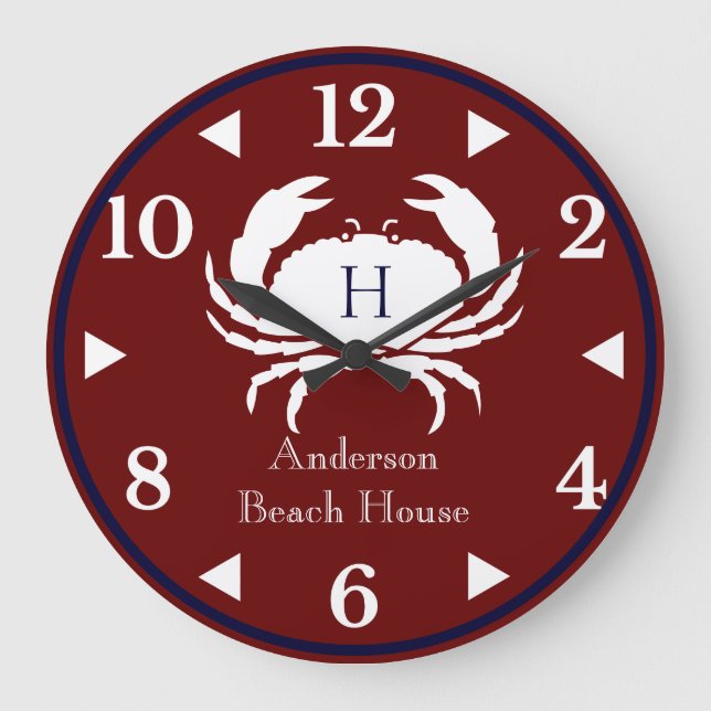 Monogram Burgundy White Navy Blue Crab Nautic Große Wanduhr (Vorderseite)
