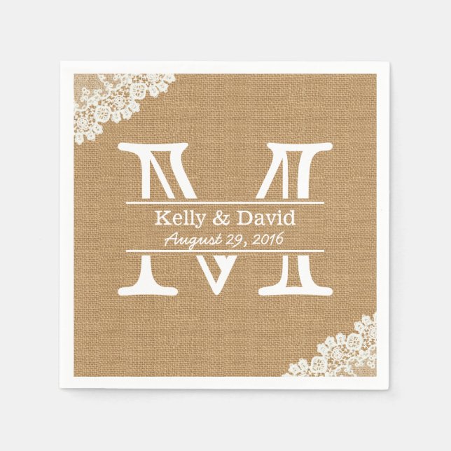Monogram Burlap & Lace Rustic Wedding Serviette (Vorderseite)